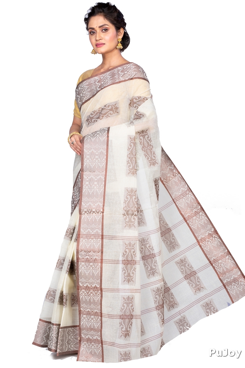 Off-White Pure Cotton Strip Suparna Tant Saree (163)