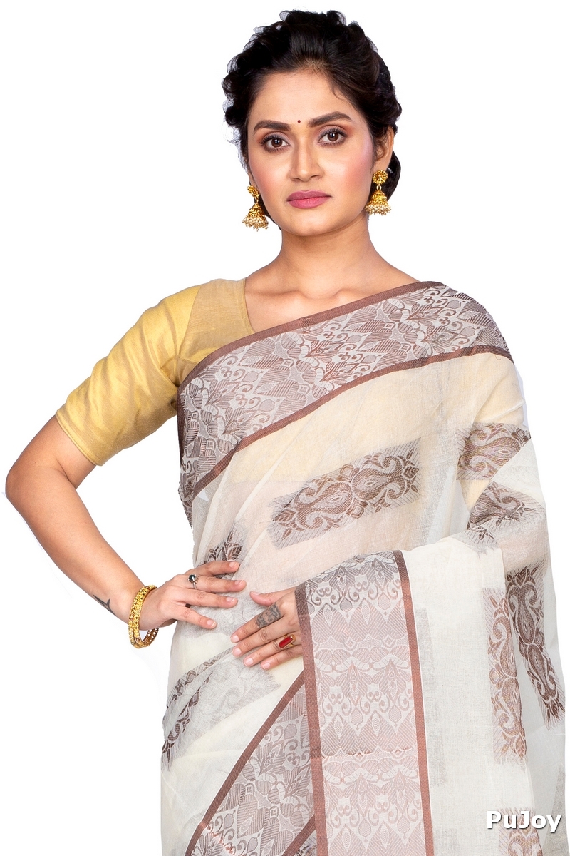 Off-White Pure Cotton Strip Suparna Tant Saree (163)