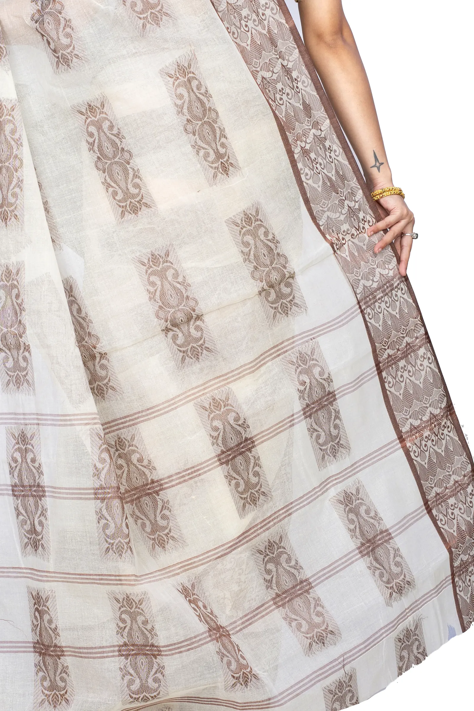 Off-White Pure Cotton Strip Suparna Tant Saree (163)