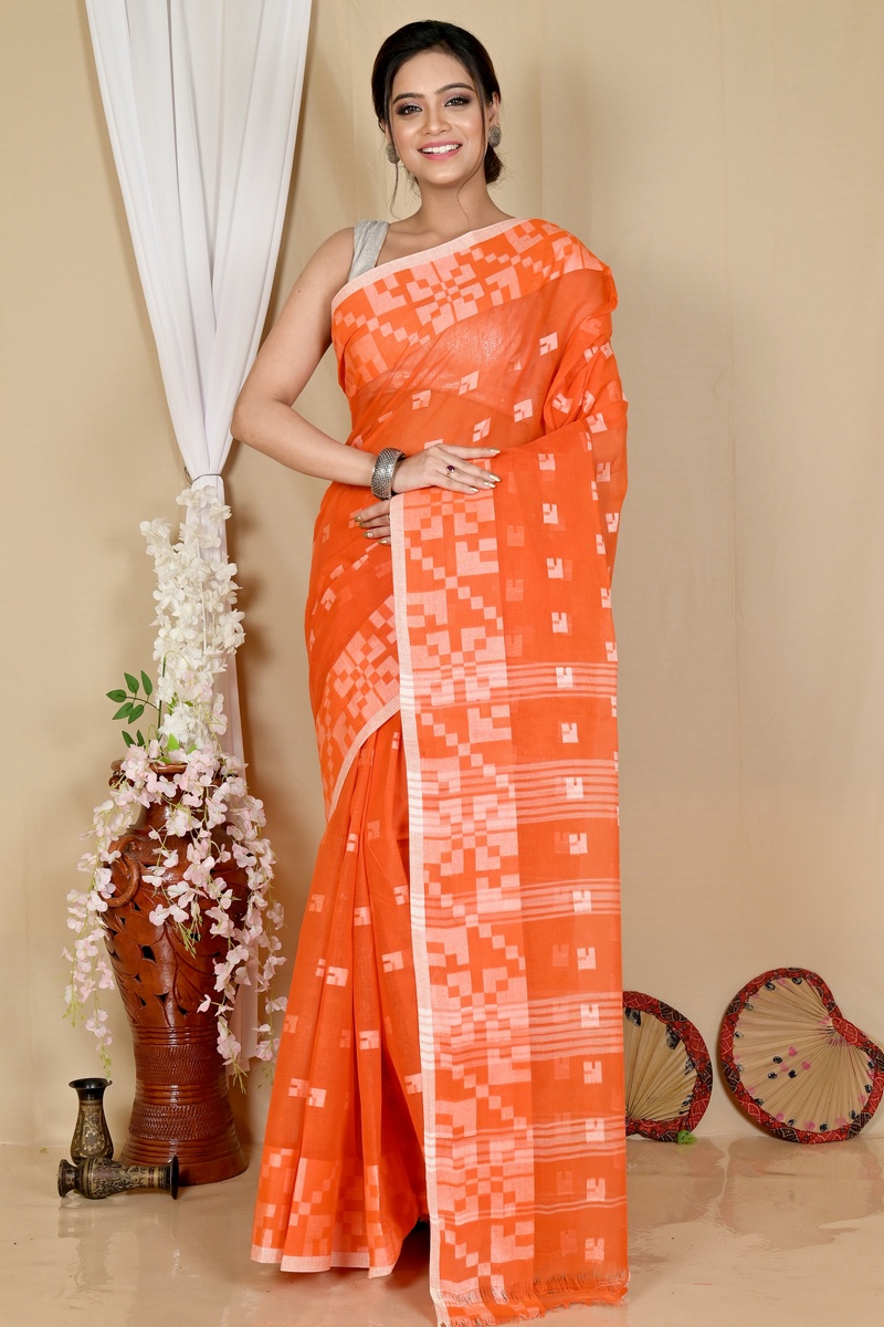 Orange Pure Cotton Aptuk Tant Saree (1630)