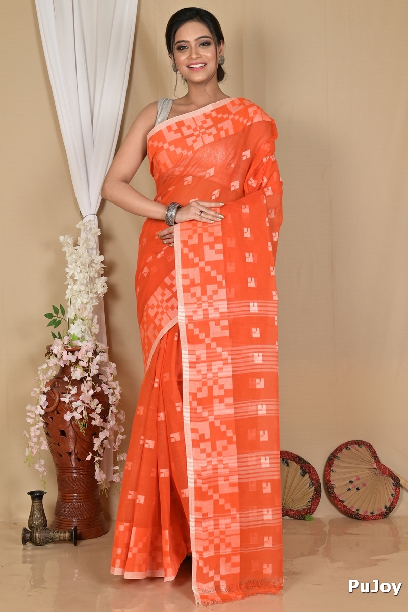 Orange Pure Cotton Aptuk Tant Saree (1630)