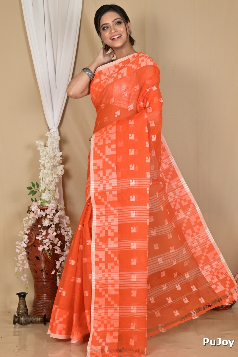 Orange Pure Cotton Aptuk Tant Saree (1630)