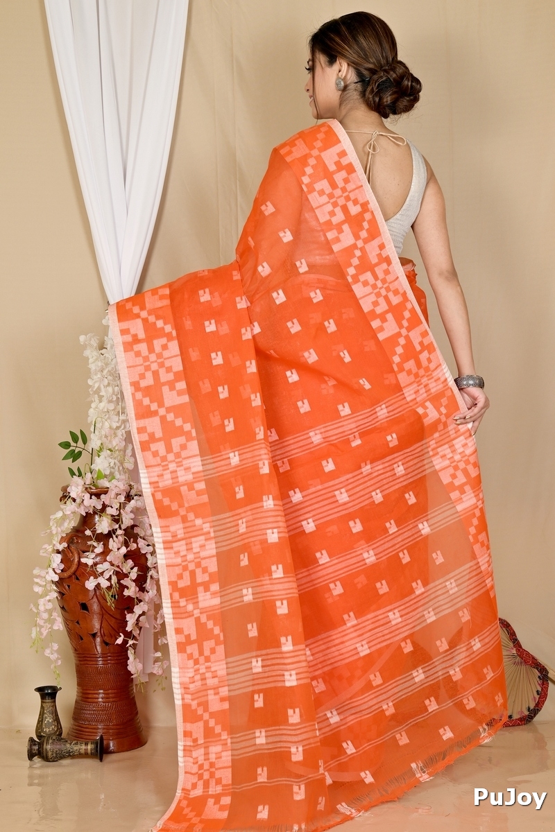 Orange Pure Cotton Aptuk Tant Saree (1630)