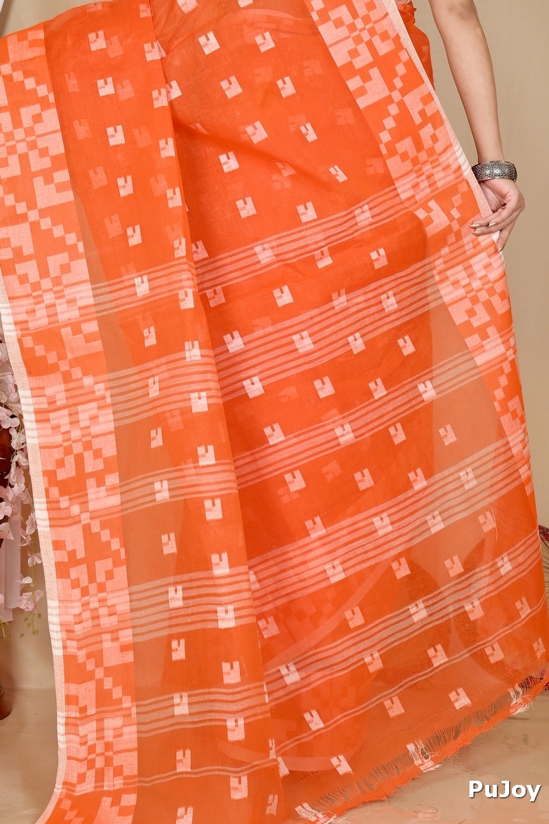 Orange Pure Cotton Aptuk Tant Saree (1630)