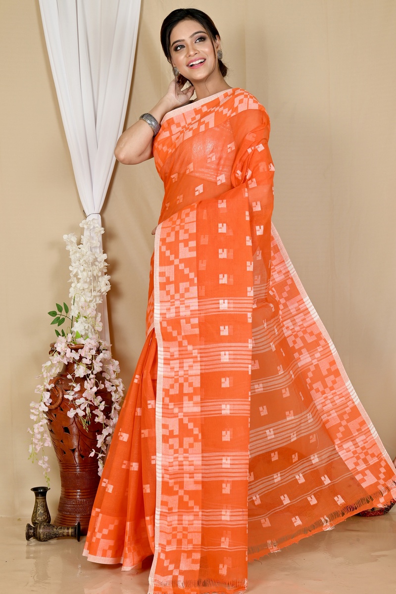 Orange Pure Cotton Aptuk Tant Saree (1630)