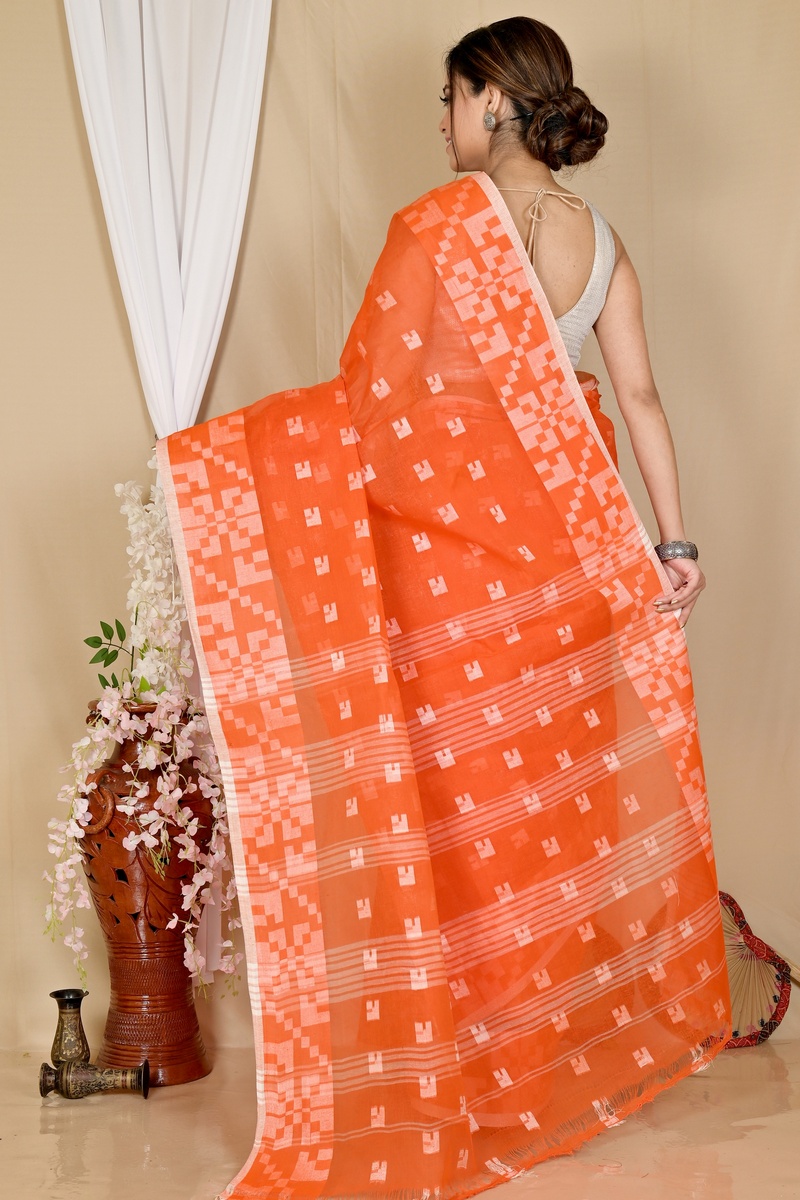 Orange Pure Cotton Aptuk Tant Saree (1630)