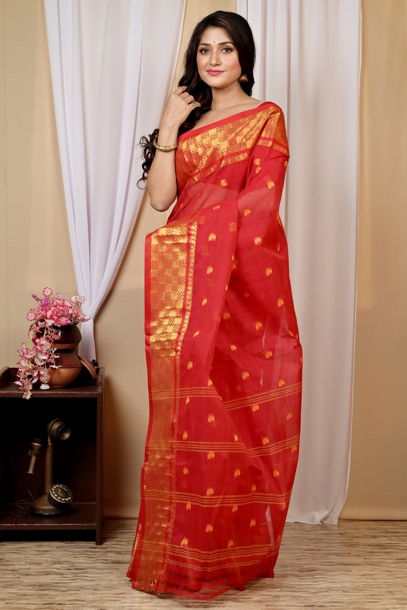 Red Pure Cotton Atula Tant Saree (1632)