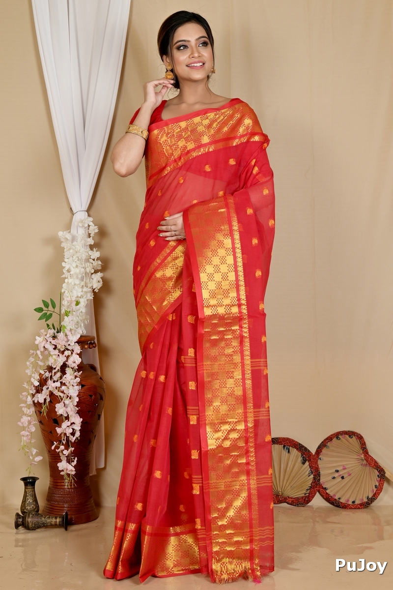 Red Pure Cotton Atula Tant Saree (1632)