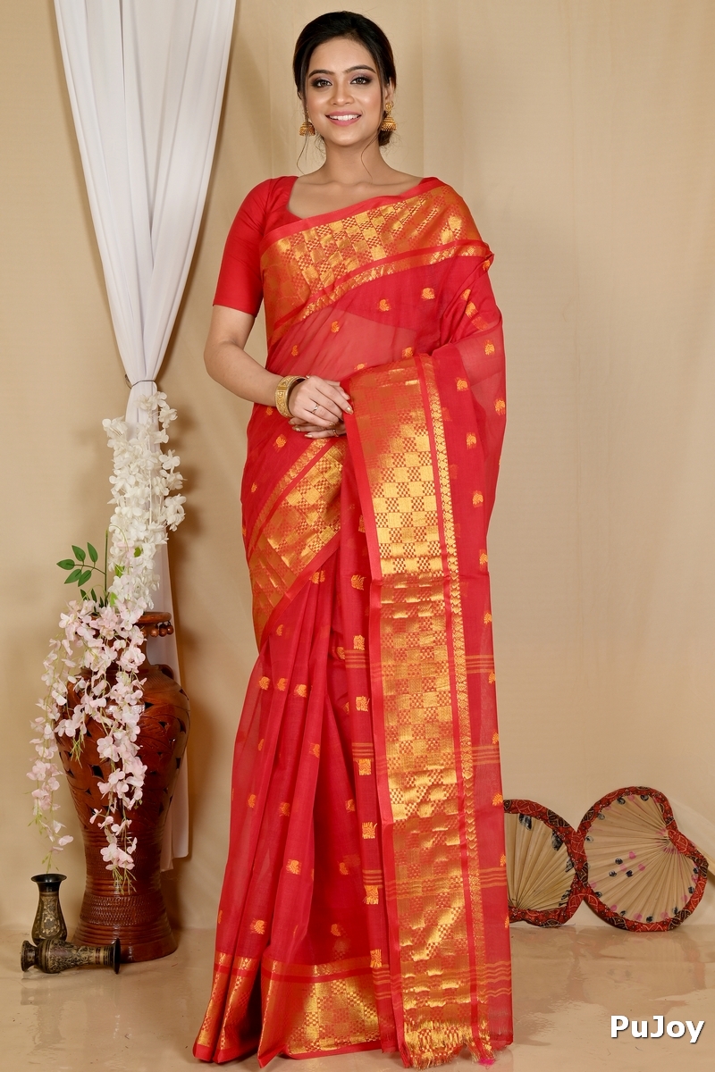 Red Pure Cotton Atula Tant Saree (1632)