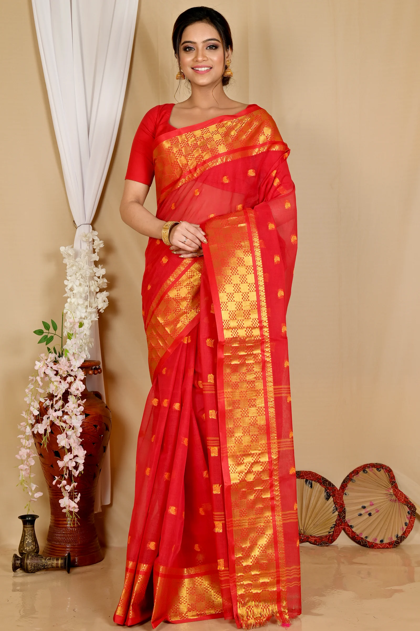 Red Pure Cotton Atula Tant Saree (1632)