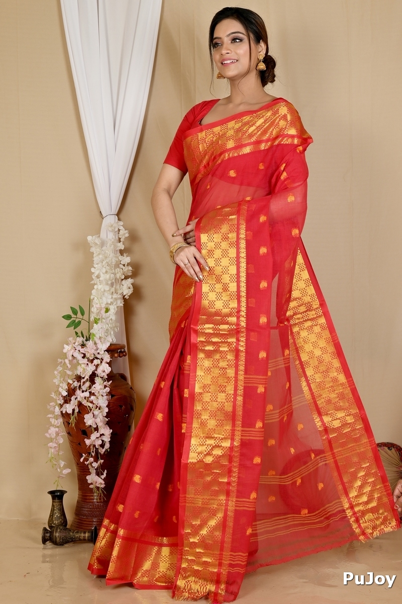 Red Pure Cotton Atula Tant Saree (1632)