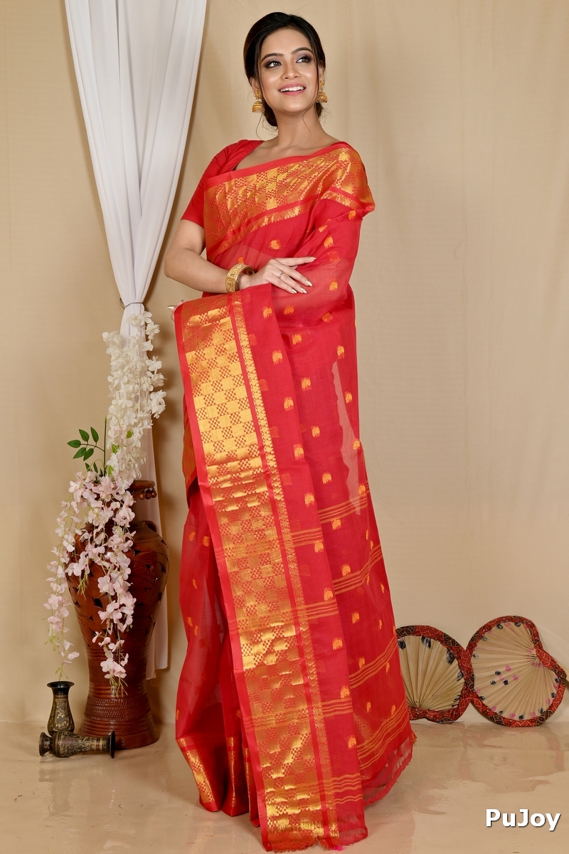 Red Pure Cotton Atula Tant Saree (1632)