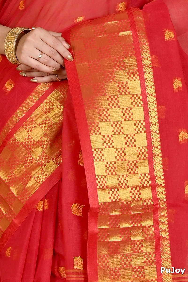 Red Pure Cotton Atula Tant Saree (1632)