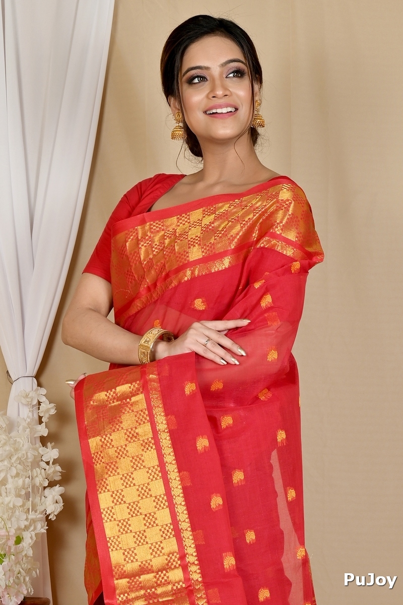 Red Pure Cotton Atula Tant Saree (1632)