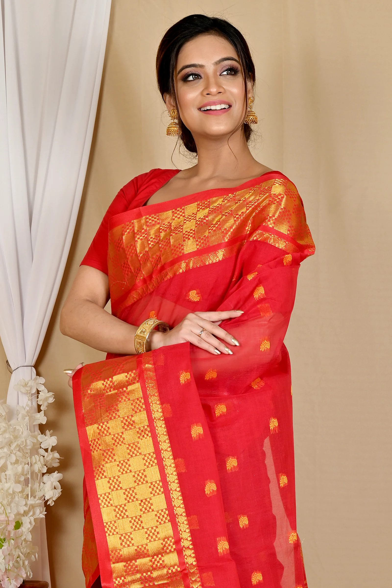 Red Pure Cotton Atula Tant Saree (1632)