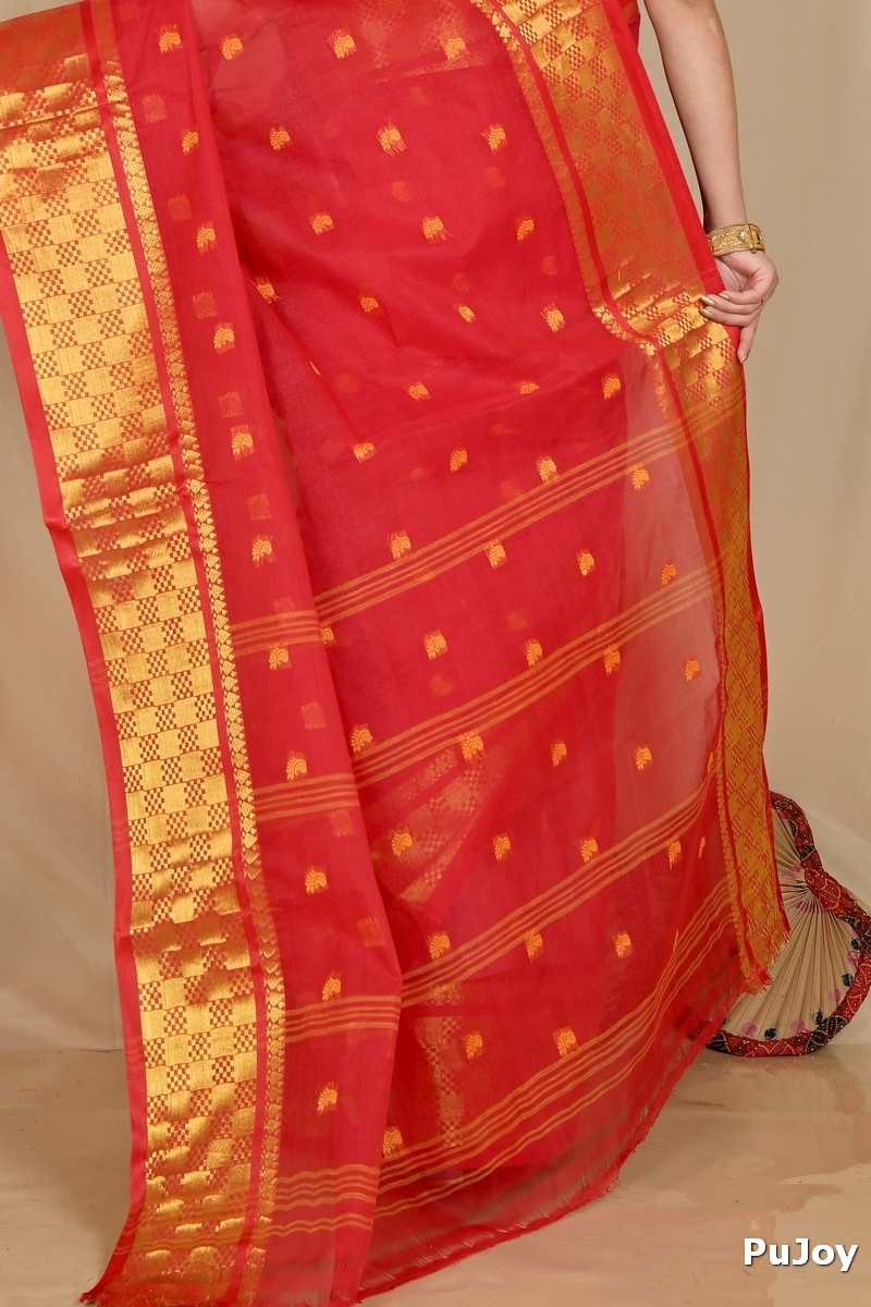 Red Pure Cotton Atula Tant Saree (1632)
