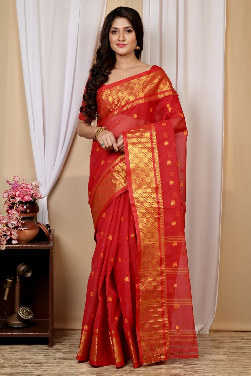 Red Pure Cotton Atula Tant Saree (1632)