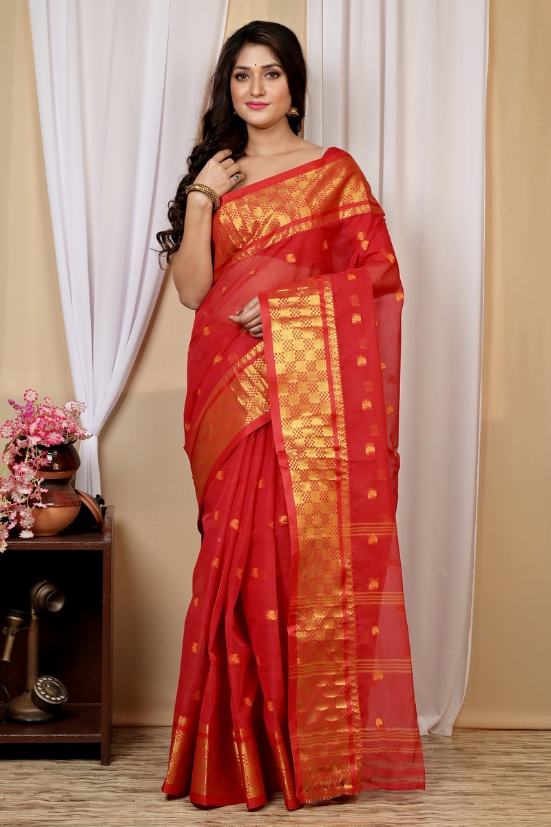 Red Pure Cotton Atula Tant Saree (1632)