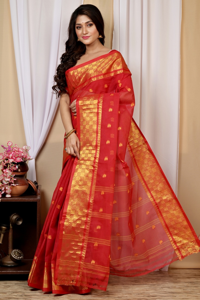 Red Pure Cotton Atula Tant Saree (1632)