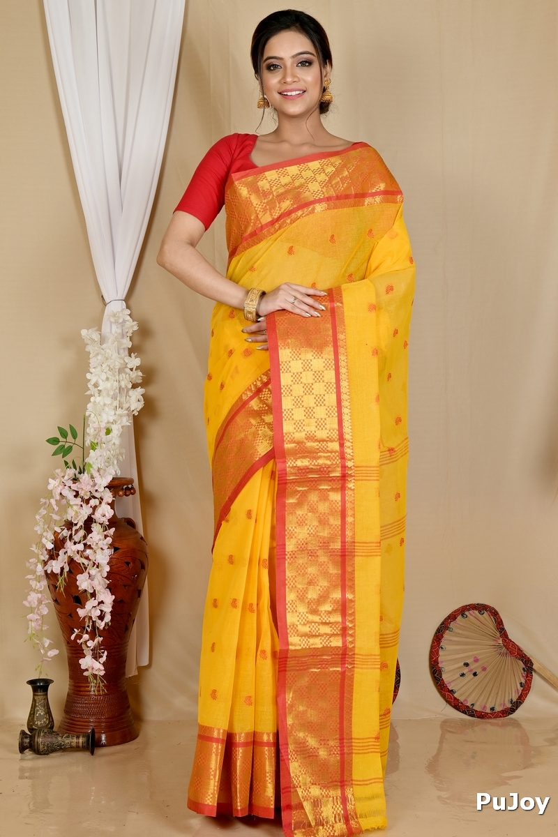 Yellow Pure Cotton Atula Tant Saree (1633)