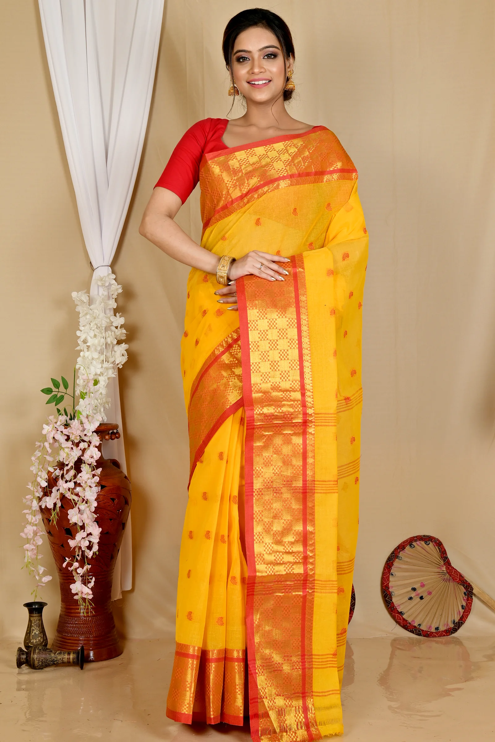 Yellow Pure Cotton Atula Tant Saree (1633)