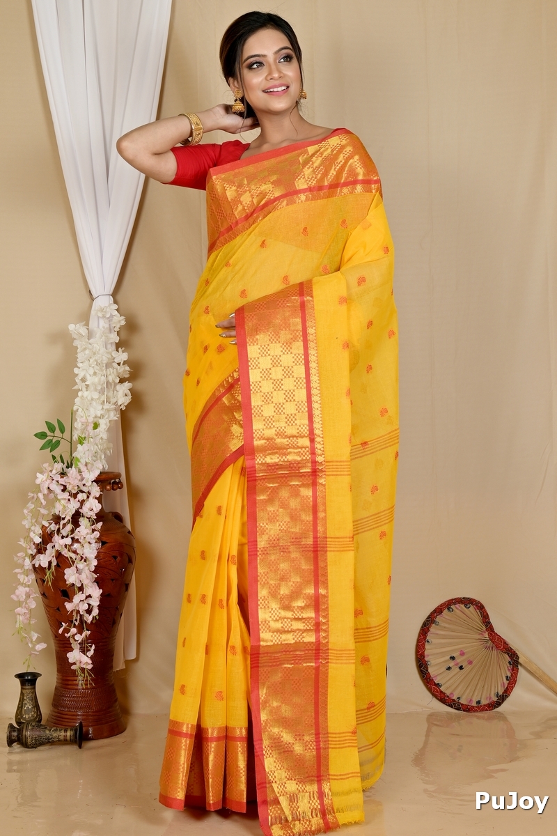 Yellow Pure Cotton Atula Tant Saree (1633)