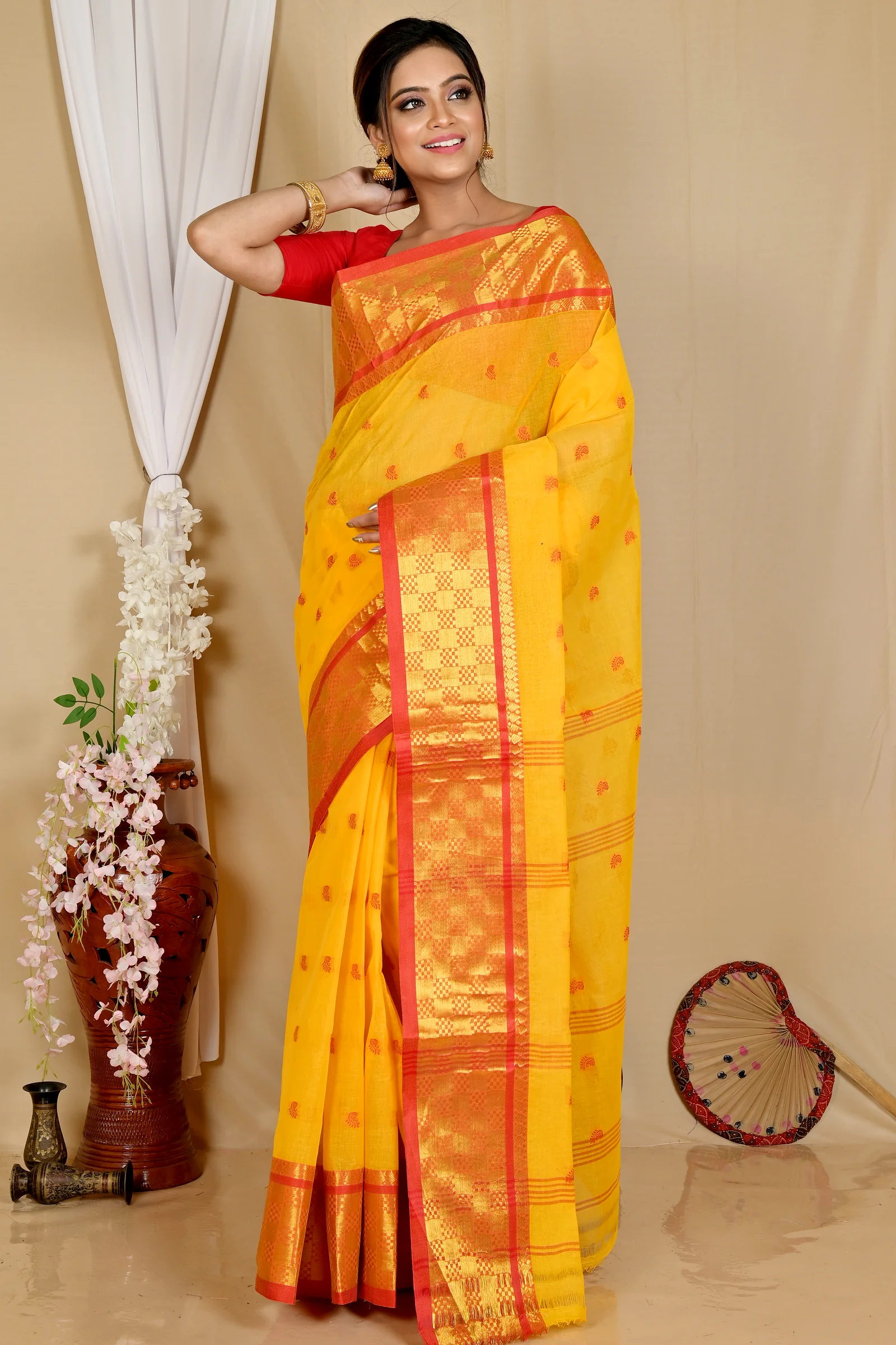 Yellow Pure Cotton Atula Tant Saree (1633)
