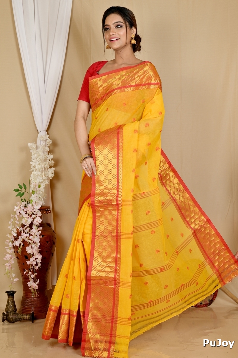 Yellow Pure Cotton Atula Tant Saree (1633)