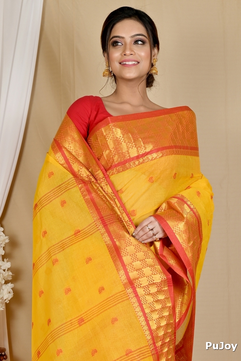 Yellow Pure Cotton Atula Tant Saree (1633)