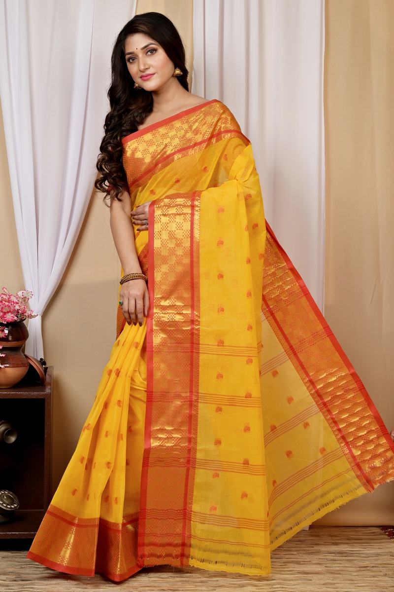 Yellow Pure Cotton Atula Tant Saree (1633)