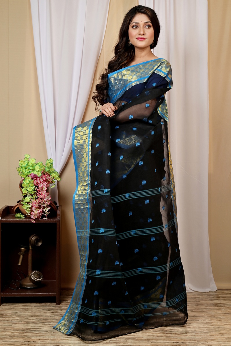 Black Pure Cotton Atula Tant Saree (1635)
