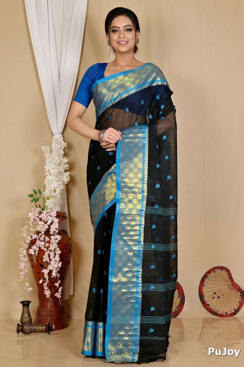 Black Pure Cotton Atula Tant Saree (1635)