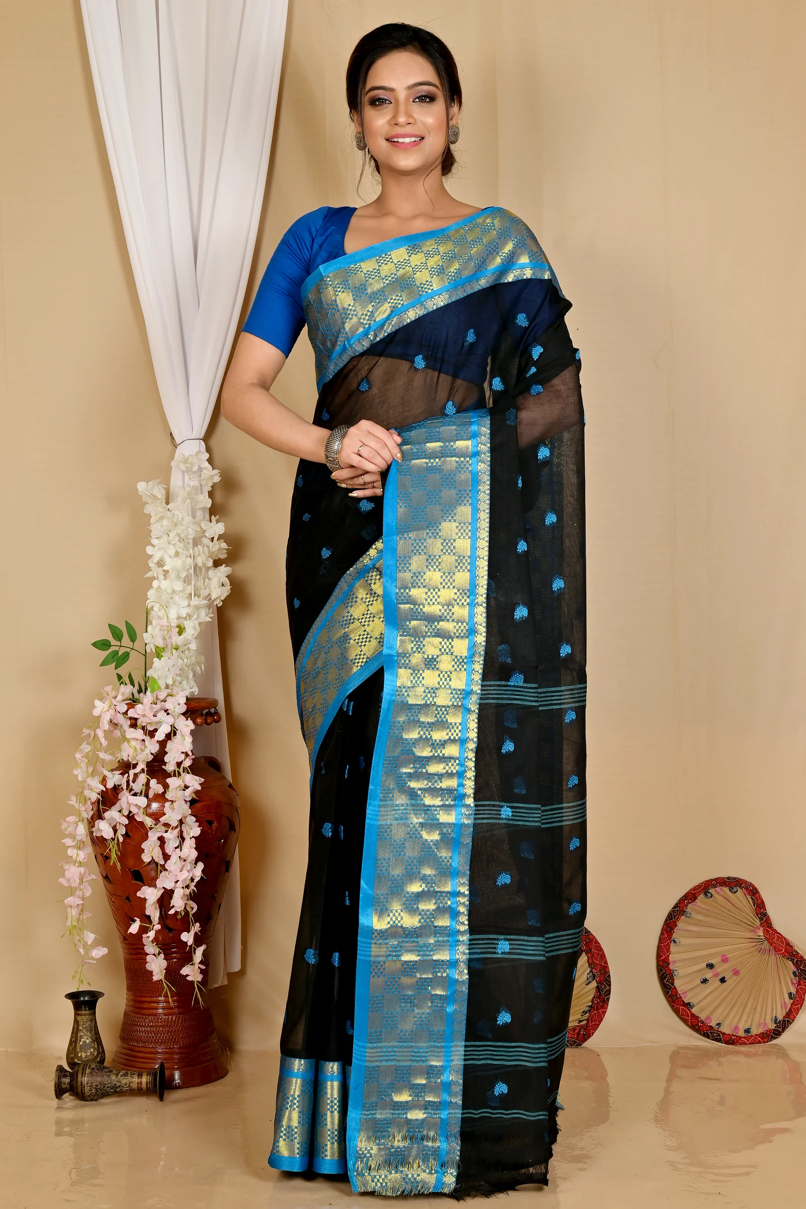 Black Pure Cotton Atula Tant Saree (1635)