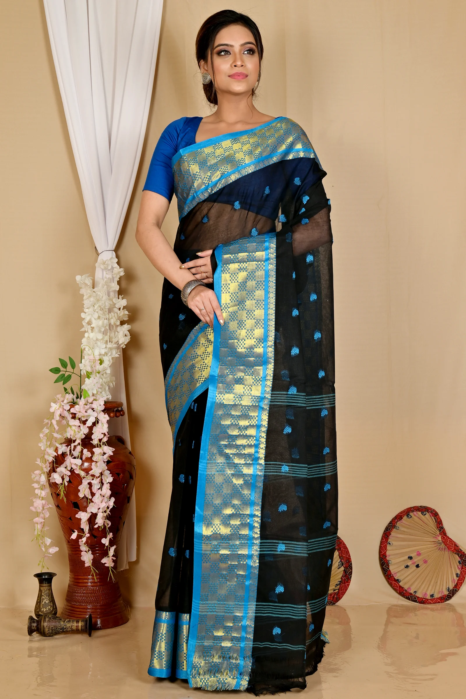 Black Pure Cotton Atula Tant Saree (1635)