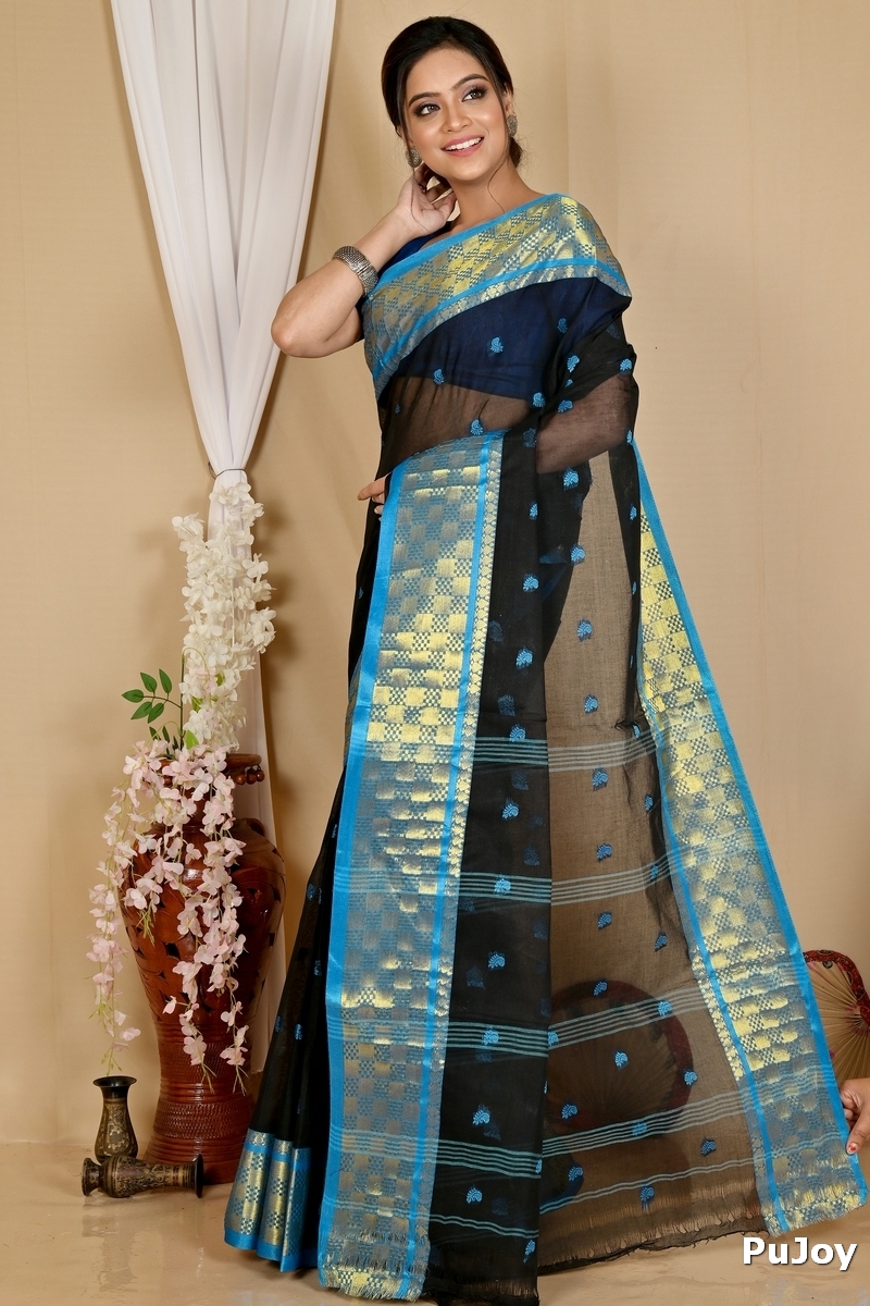 Black Pure Cotton Atula Tant Saree (1635)