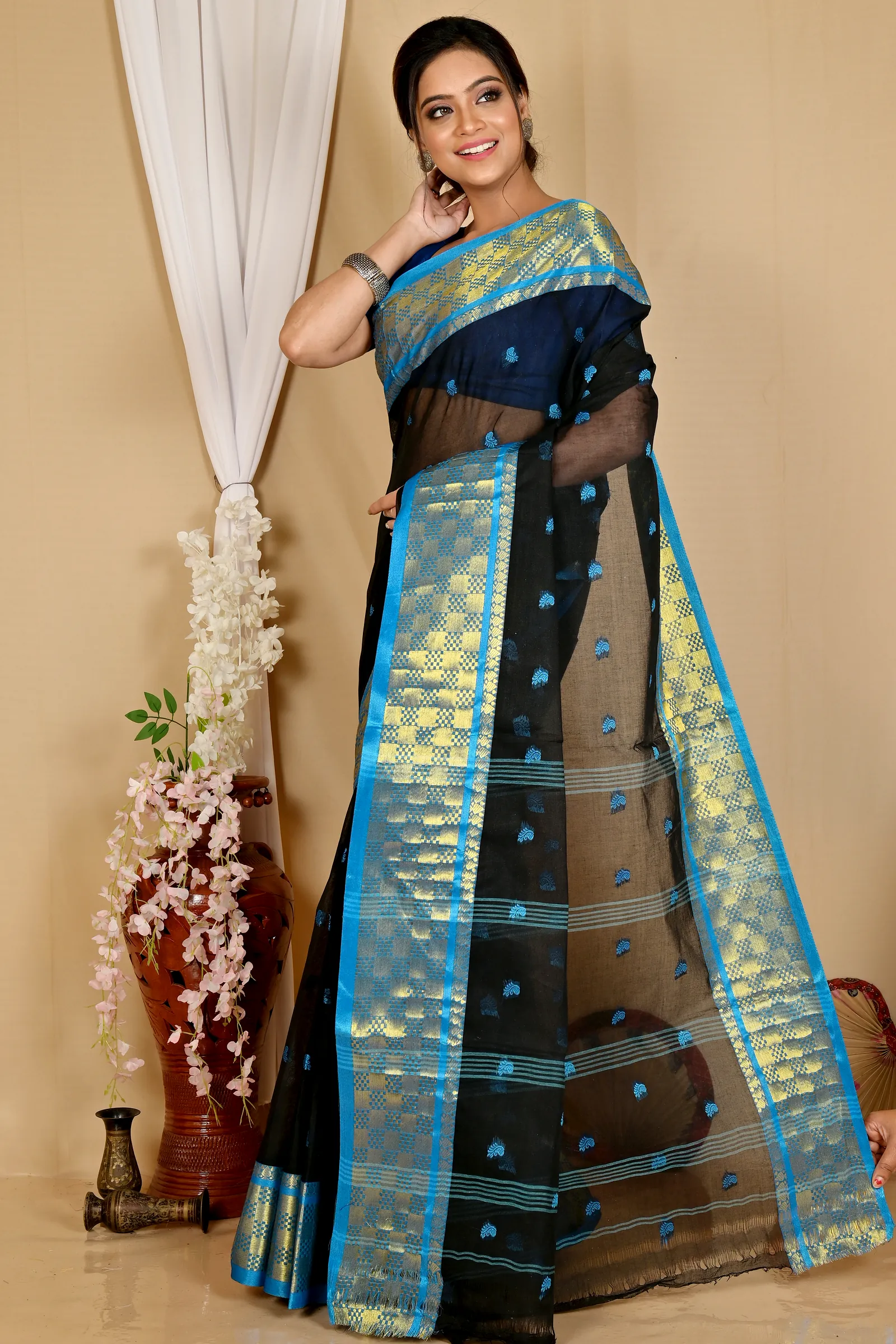 Black Pure Cotton Atula Tant Saree (1635)