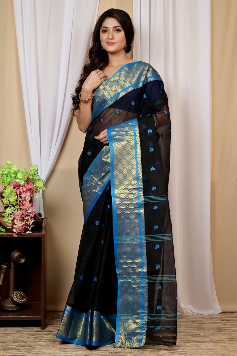 Black Pure Cotton Atula Tant Saree (1635)