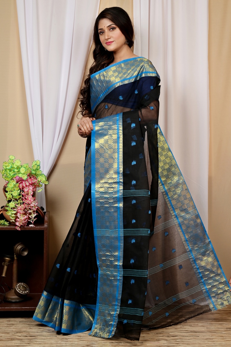 Black Pure Cotton Atula Tant Saree (1635)