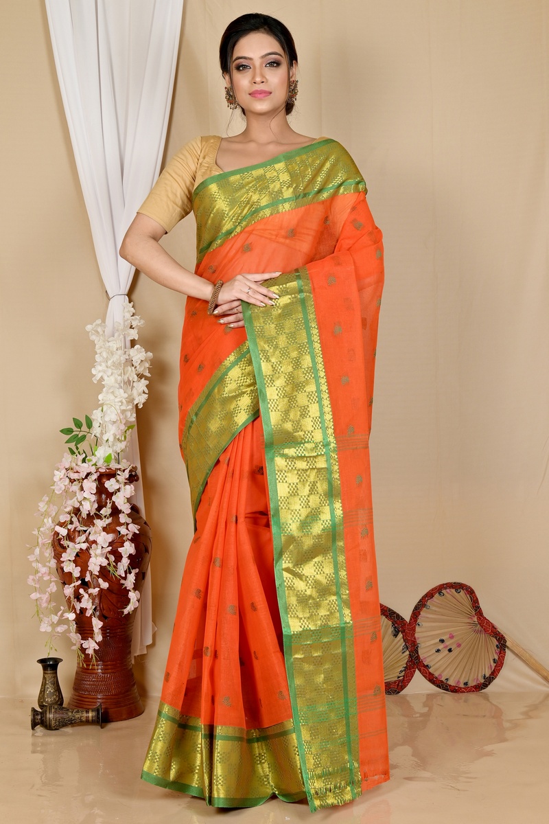 Orange Pure Cotton Atula Tant Saree (1637)