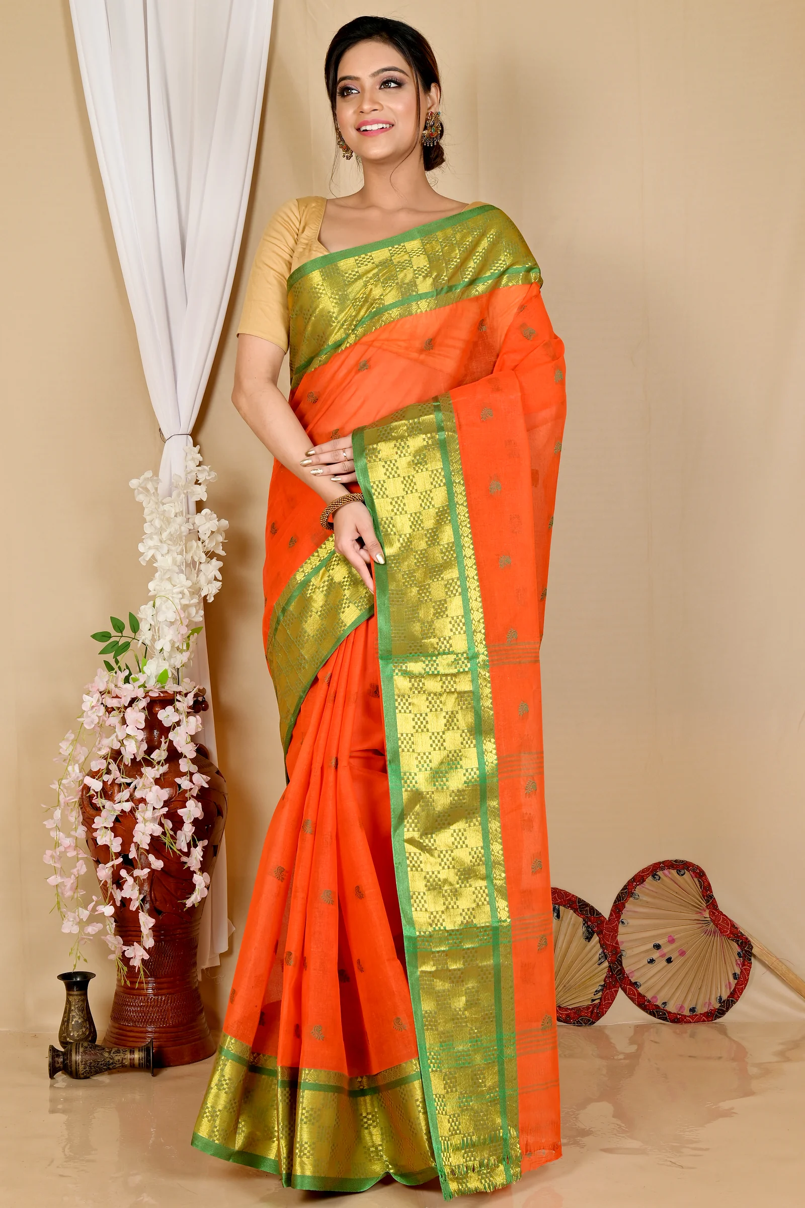 Orange Pure Cotton Atula Tant Saree (1637)