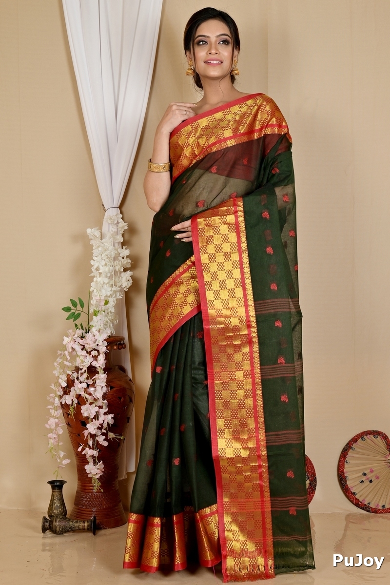 Dark Green Pure Cotton Atula Tant Saree (1638)