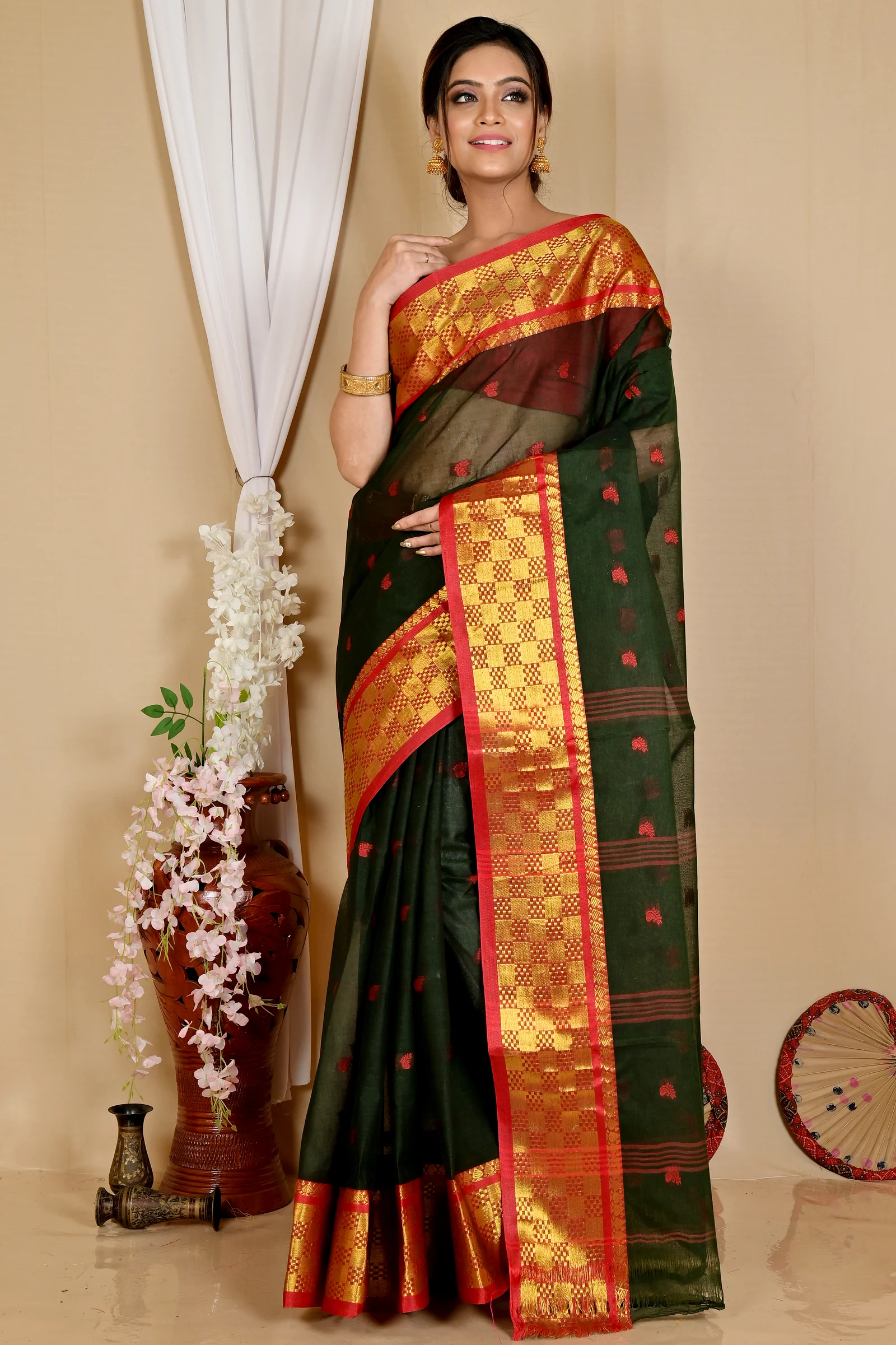Dark Green Pure Cotton Atula Tant Saree (1638)
