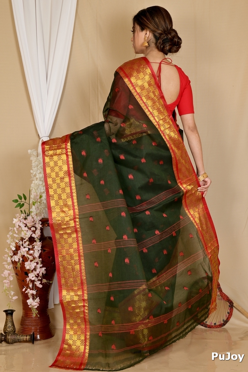 Dark Green Pure Cotton Atula Tant Saree (1638)