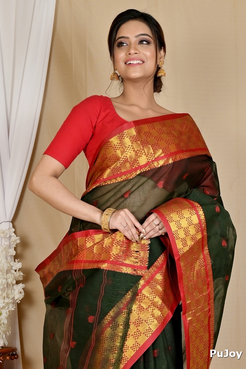 Dark Green Pure Cotton Atula Tant Saree (1638)