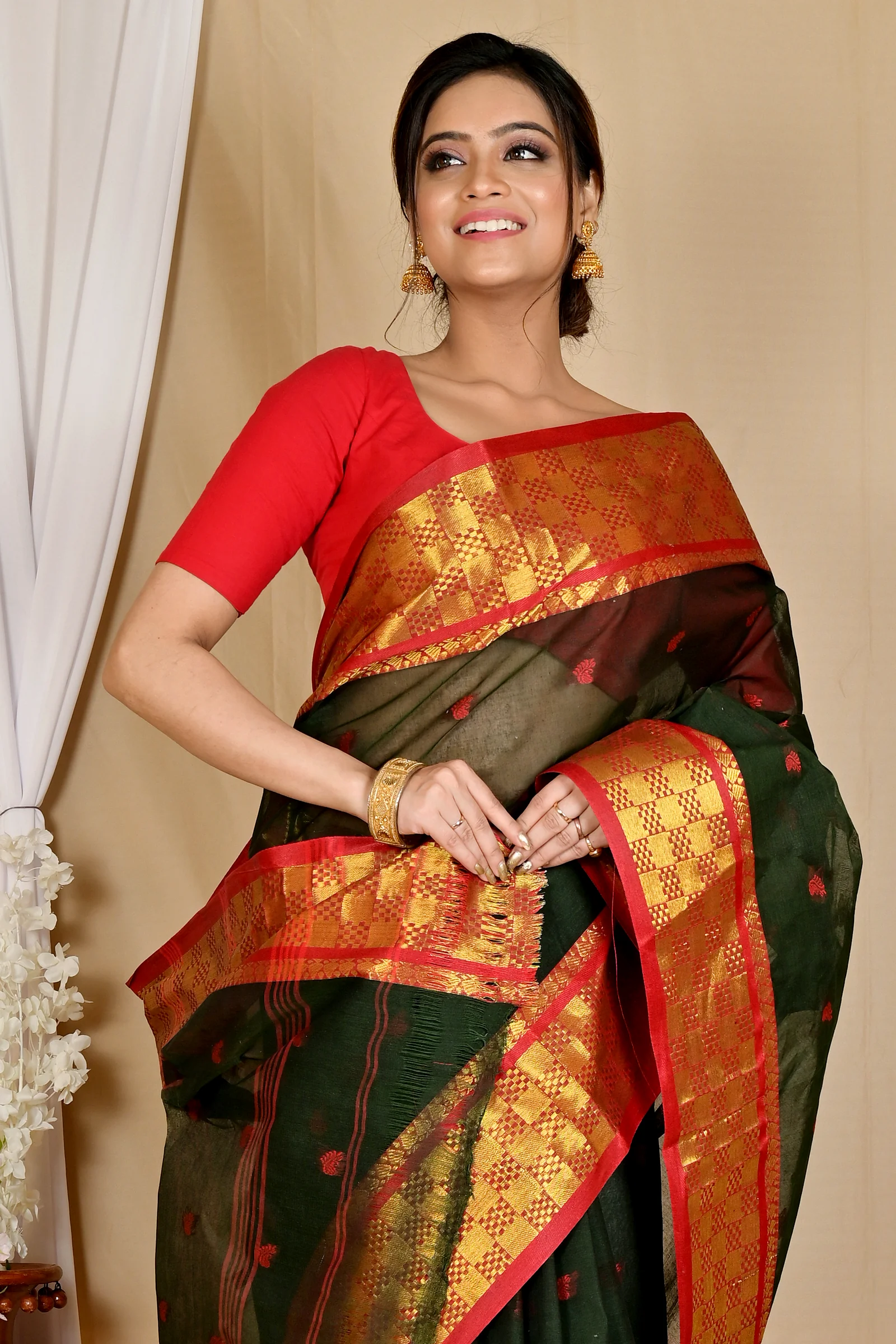 Dark Green Pure Cotton Atula Tant Saree (1638)