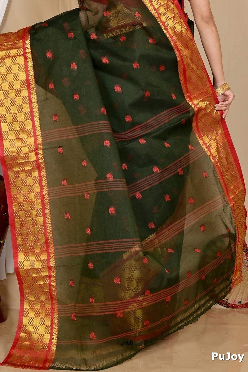 Dark Green Pure Cotton Atula Tant Saree (1638)