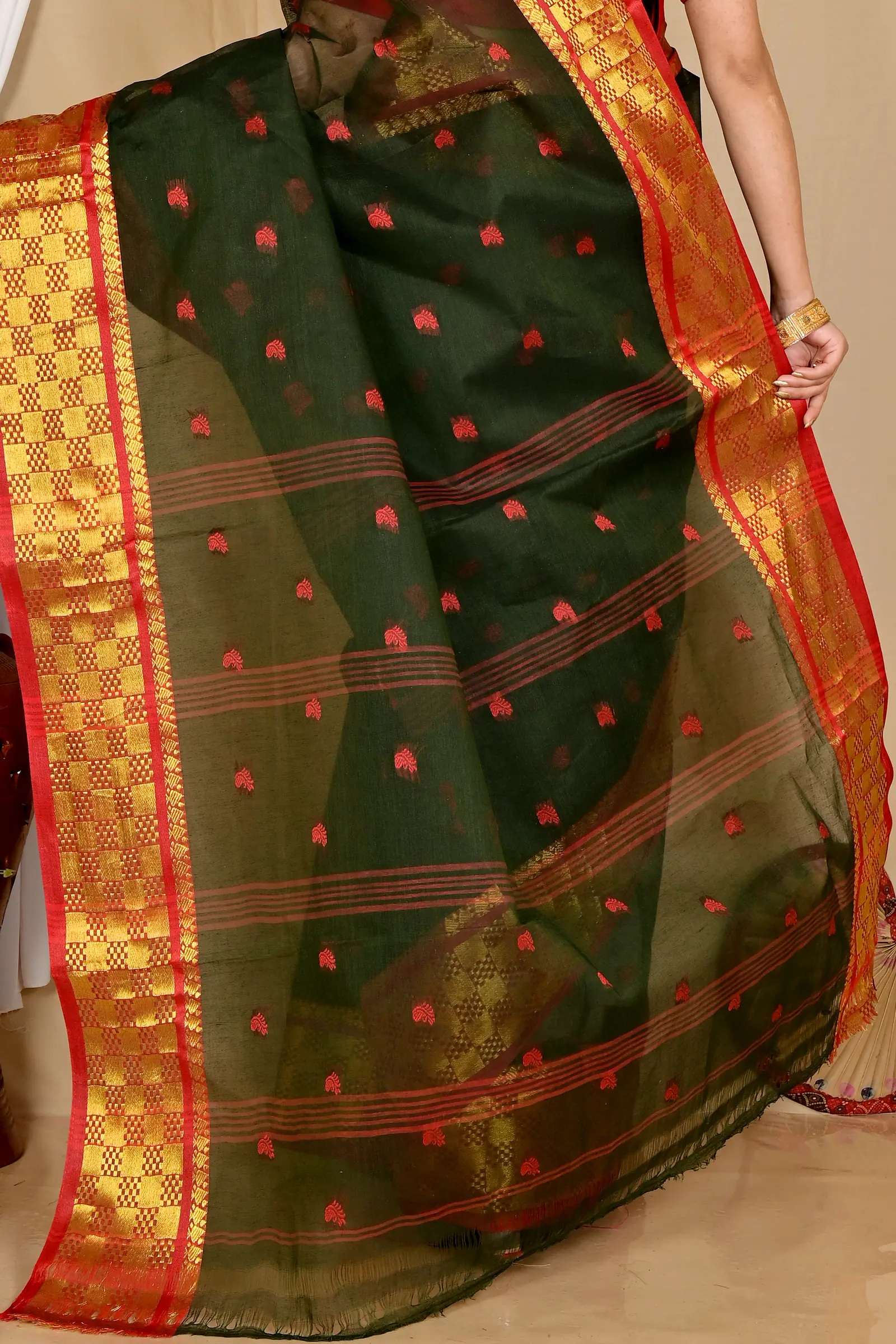Dark Green Pure Cotton Atula Tant Saree (1638)