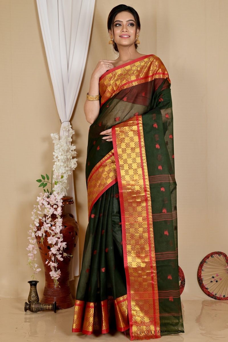 Dark Green Pure Cotton Atula Tant Saree (1638)