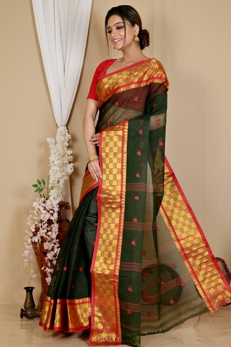 Dark Green Pure Cotton Atula Tant Saree (1638)