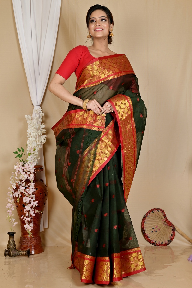 Dark Green Pure Cotton Atula Tant Saree (1638)